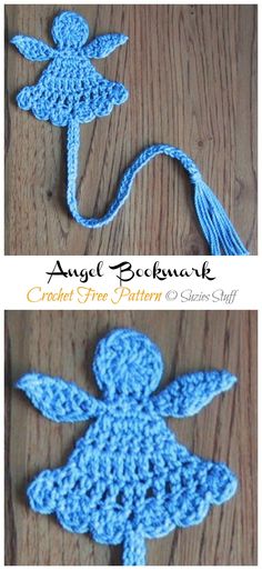 crocheted angel ornaments are shown in two different pictures, one is blue and the other is white