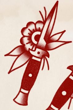 a red and white drawing of a knife with flowers on it's blade, next to a lighter