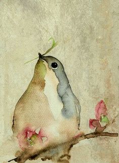 a painting of a bird sitting on a branch with flowers in it's beak