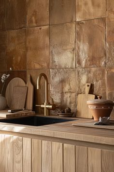 a kitchen with wooden counter tops and brown tiles on the wall behind it is a sink that has a faucet in front of it