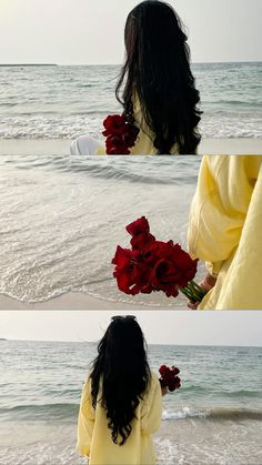 two pictures of a woman with flowers in her hands on the beach, and one has long black hair