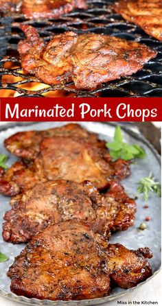 pork chops are cooking on the grill, and then being grilled with marinated pork chops