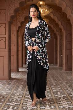 Black longline jacket with multi colored floral pattern embroidery. Comes with solid bustier and coordinating draped skirt. - Aza Fashions Bustier And Skirt, Floral Pattern Embroidery, Longline Jacket, Black Bustier, Draped Skirt, Luxury Sale, Pattern Embroidery, Floral Jacket, Embroidered Jacket