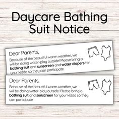 two signs that say, daycare bathing suit notice