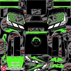 an image of a green and black monster truck with numbers on it's front