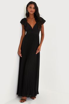 Ideal Occasion Black Pleated Flutter Sleeve Backless Maxi Dress Classic Black Bridesmaid Dress, Black Semi Formal Wedding Attire, Lulus Black Dress, Black Maid Of Honor Dress, Black Wedding Guest Dress, Black And White Long Dresses, Black Flowy Dress, Formal Black Dress, Black Tie Wedding Guest Dress