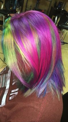 Neon Rainbow Hair, Shoet Hair, Purple And Pink Hair, Color Block Hair, Hair Stripes, Hair Rainbow, Neon Hair