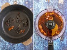 two pictures side by side with food cooking in a pan and the same photo being used to make an upside down cake