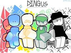 an image of some cartoon characters with the word dingus written on their chests