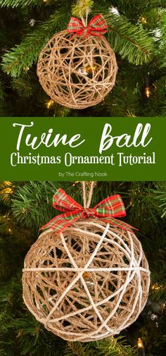 a christmas ornament made out of twine balls on a tree with text overlay