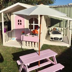 Picnic Table With Umbrella, Kids Cubby Houses, Backyard Table, Kids Cubbies, Table With Umbrella, Wendy House, Cubby House, Cubby Houses