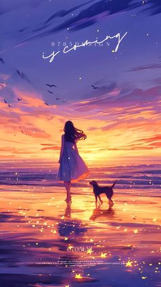 a woman standing on top of a beach next to a dog under a purple sky