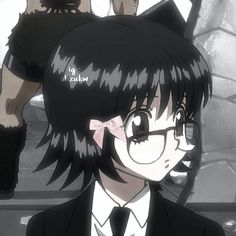 an anime character with black hair and glasses in front of another character wearing a suit