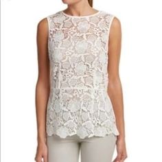 Nwt Cabi White Crochet Lace Peplum Sleeveless Blouse W Exposed Zipper Back 100% Cotton Size: Xs Measurements In Inches Laying Flat- Underarm: 16 Waist: 14 Length: 25.5 - 26 Smoke-Free, Pet-Free Home All Clothes Are From My Personal Wardrobe & Arrive Clean/Ready To Wear #Peplim #Crochet #Sheer #Officesiren #Laceblouse Top With Zipper, White Peplum, White Cami, Lace Peplum, White Lace Top, Medium Fashion, Needle Lace, Crochet Blouse, Exposed Zipper