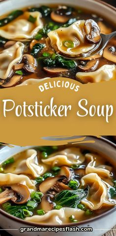 a bowl of delicious pot sticker soup with spinach and mushrooms