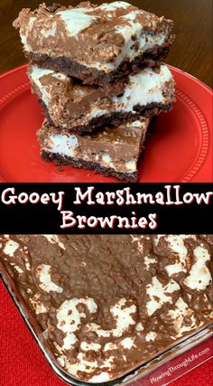 gooey marshmallow brownies on a red plate with the words gooey marshmallow brownies