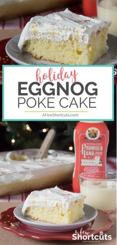 an eggnog poke cake with frosting on top and the words holiday eggnog poke cake above it