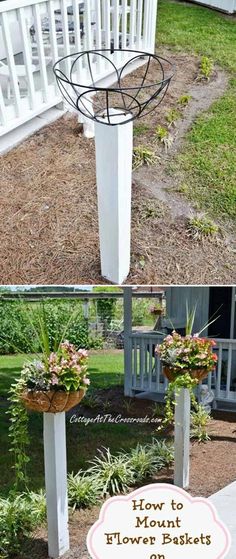 two different views of a flower basket on the side of a house with flowers in it