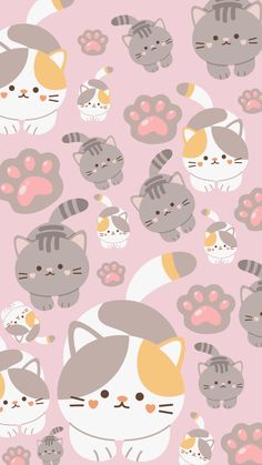 many cats and kittens on a pink background with white, yellow, and gray colors