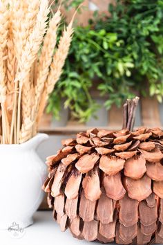 a pine cone sitting on top of a white table next to some plants and a vase