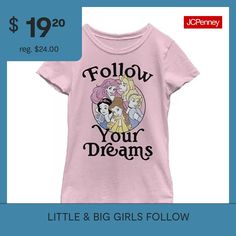 This Disney Princess graphic t-shirt for little and big girls is an inspirational everyday style for the mini princess in your life. Crafted from soft cotton-knit, this tee has a crew neckline and short sleeves. Style it with a skirt or leggings. Character: Disney PrincessClosure Type: Pullover HeadFit: Slim FitNeckline: Crew NeckSleeve Length: Short SleeveFiber Content: 100% CottonFabric Description: KnitCare: Tumble Dry, Machine WashCountry of Origin: Imported Character Disney, The Disney Princesses, Sleeves Style, Follow Your Dreams, Girls Graphic Tee, Kids Outfits Girls, Disney Girls, Cotton Knit, Everyday Style