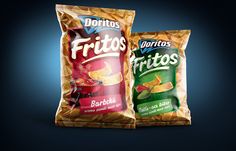 two bags of potato chips sitting side by side on a blue and black background,