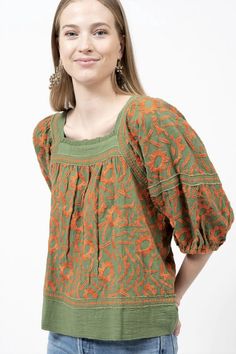 Free shipping and easy returns on Sister Mary Embroidered Cotton Square Neck Top In Green Orange. Pair this with your favorite jeans and slides for your next girls night out.Festiv Embroidered Green Blouse For Fall, Trendy Cotton Blouse With Floral Embroidery, Green Embroidered Relaxed Fit Blouse, Green Embroidered Blouse With Relaxed Fit, Festive Multicolor Embroidered Tops For Fall, Festive Multicolor Embroidery Tops For Fall, Green Casual Embroidered Top, Relaxed Fit Embroidered Cotton Top For Fall, Relaxed Fit Cotton Embroidered Top For Fall