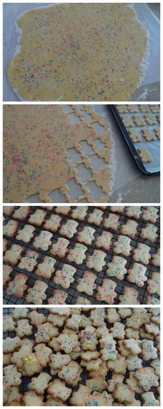 the process of making cookies is shown in three different stages, including frosting and sprinkles