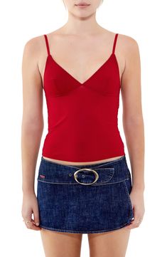 Delicate picot trim frames this ultrastretchy V-neck camisole that works well whether you wear it solo or layer it up. 11" center front length (size Medium) Exclusive retailer V-neck Adjustable straps 75% polyamide, 25% elastane Machine wash, line dry Imported Bra-friendly Fitted V-neck Tank Top, Fitted Red Camisole With Built-in Bra, Red Tops With Built-in Bra And Tank Straps, Stretch Solid Color Low-cut Tank Top, Fitted Red V-neck Camisole, Red Elastane Tank Top For Spring, Red Fitted Cami Tank Top, Bra Friendly Fitted V-neck Tank Top, Fitted V-neck Bra Friendly Tank Top