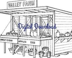 a drawing of an apple stand with the words digital downshade above it and apples in buckets below