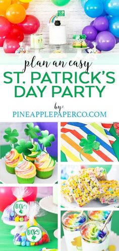 st patrick's day party with balloons, cake and cupcakes