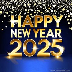 a happy new year card with gold numbers and confetti on the blue background