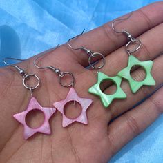 These stars come in a soft punk and a light green. Earring metal is hypoallergenic surgical steel. Green Star Earrings For Pierced Ears, Green Star-shaped Handmade Jewelry, Handmade Green Star-shaped Jewelry, Trendy Green Hypoallergenic Earrings, Trendy Hypoallergenic Green Earrings, Green Earring, Banana Smoothie, Trendy Earrings, Star Earrings