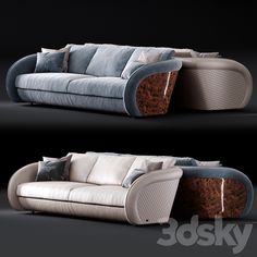 two different views of a couch with pillows on the top and bottom, side by side