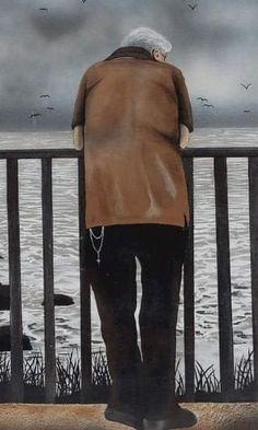 a painting of an elderly woman looking out over the water from a deck with seagulls flying overhead