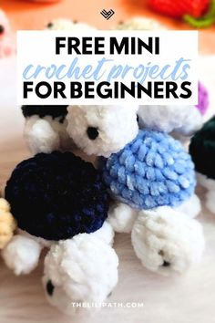 crocheted teddy bears with text overlay that reads free mini crochet projects for beginners