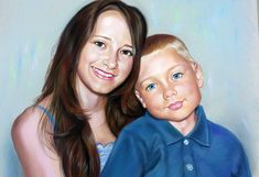 a painting of a mother and son posing for the camera with their arms around each other