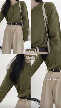 Army Green Pants Outfit Women, Army Color Outfits, Army Green Outfits For Women, Green Combo Outfit, Casual Aesthetics, Outfit Celana