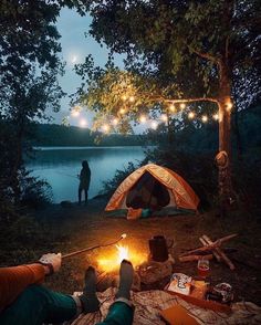 two people are camping in the woods at night with lights strung from trees over them