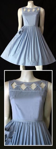 Delightful original vintage 1950s blue cotton dress by Kerrybrooke.: Embroidery Doll, Áo Blu, Detail Couture, Frocks Design, Vestidos Retro, Dresses Cotton, Blue Cotton Dress, Kids Frocks Design, Dress Neck Designs