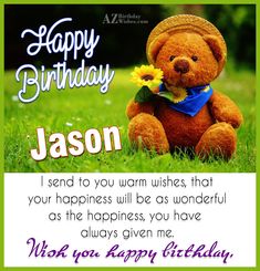 a teddy bear sitting in the grass with a flower on it's lap and happy birthday card