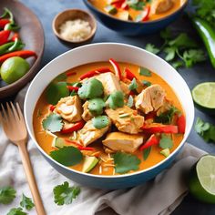 a bowl filled with chicken and vegetables next to some limes