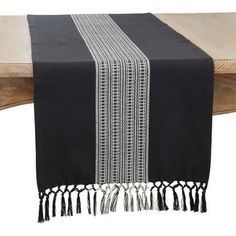 black and white table runner with tassels