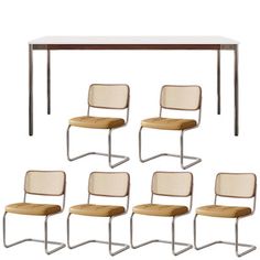 six chairs and a table with one chair in the middle, four on each side