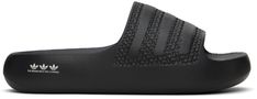 adidas Originals - Black Adilette Ayoon Slides Comfortable Black Slides With Textured Sole, Black Synthetic Slides With Textured Sole, Black Slides With Textured Sole, Black Textured Sole Synthetic Slides, Sports Sandals With Textured Sole And Synthetic Material, Synthetic Sandals With Textured Sole For Sports, Comfortable Black Slides With Textured Footbed, Black Synthetic Slides With Textured Footbed, Black Flat Slides With Textured Footbed