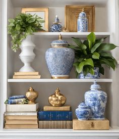 blue and white vases are on shelves with books, plants and other decorative items