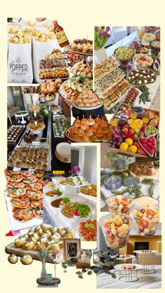 a collage of pictures showing different types of food and pastries on display at an event