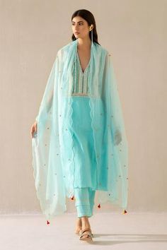 Shop for Sureena Chowdhri Cotton Gauze Blue Moon Slush Textured Kurta Set for Women Online at Aza Fashions Sureena Chowdhri, Plain Suits, Lace Kaftan, Kurta Patterns, Kurta Set For Women, Casual Party Dresses, Suits Design, Plain Dress, Trendy Fashion Tops