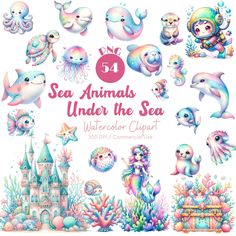 the sea animals under the sea watercolor clipart is shown in various colors and sizes