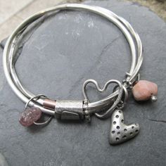 Sterling Silver Heart Bangle Bracelet Pink Gemstone Charm | Etsy Heart Bangle Bracelet, Long Silver Earrings, Gemstone Hoop Earrings, Silver Bangle Bracelet, Sterling Silver Bangle Bracelets, Wire Bangles, Love Jewelry, Sterling Silver Bangle, Bangle Bracelets With Charms